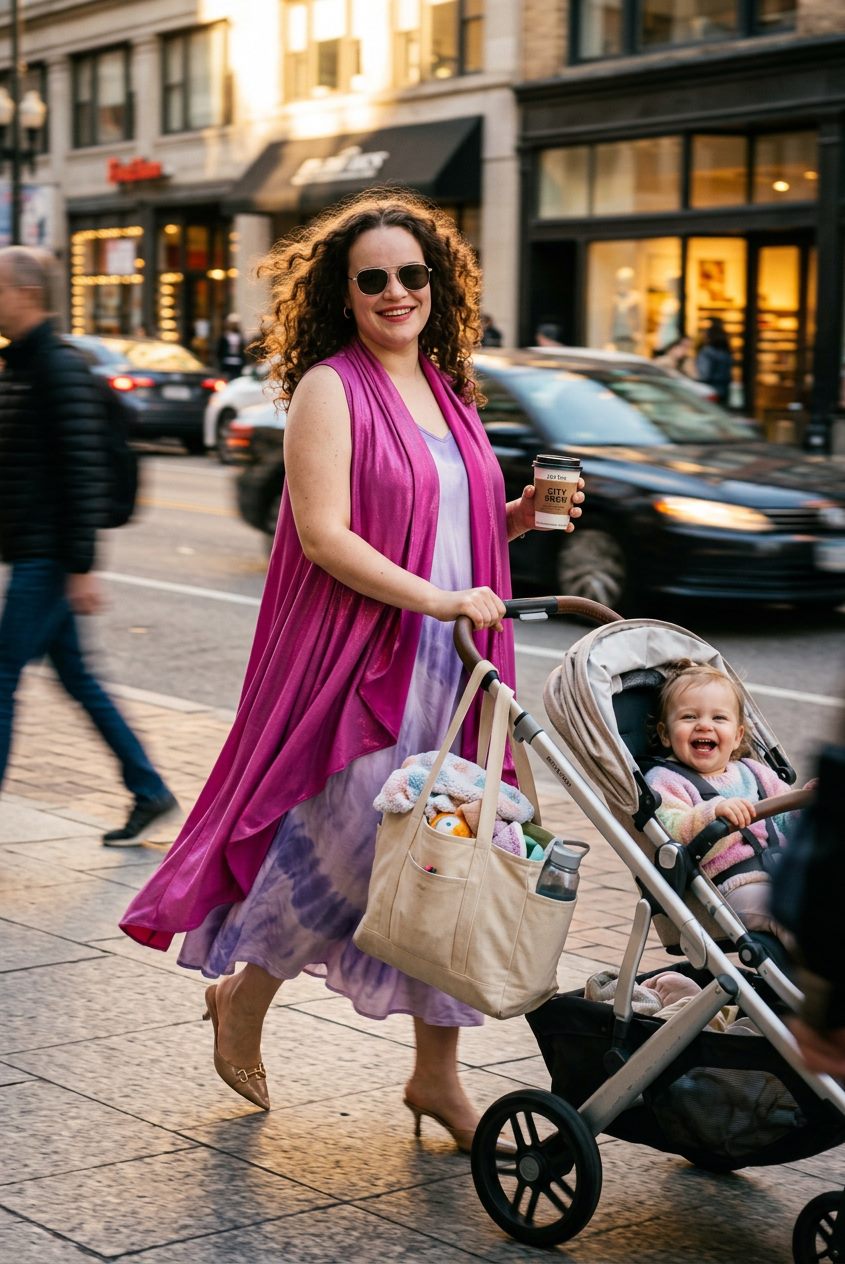 Laura Palme mit Kinderwagen in der Stadt